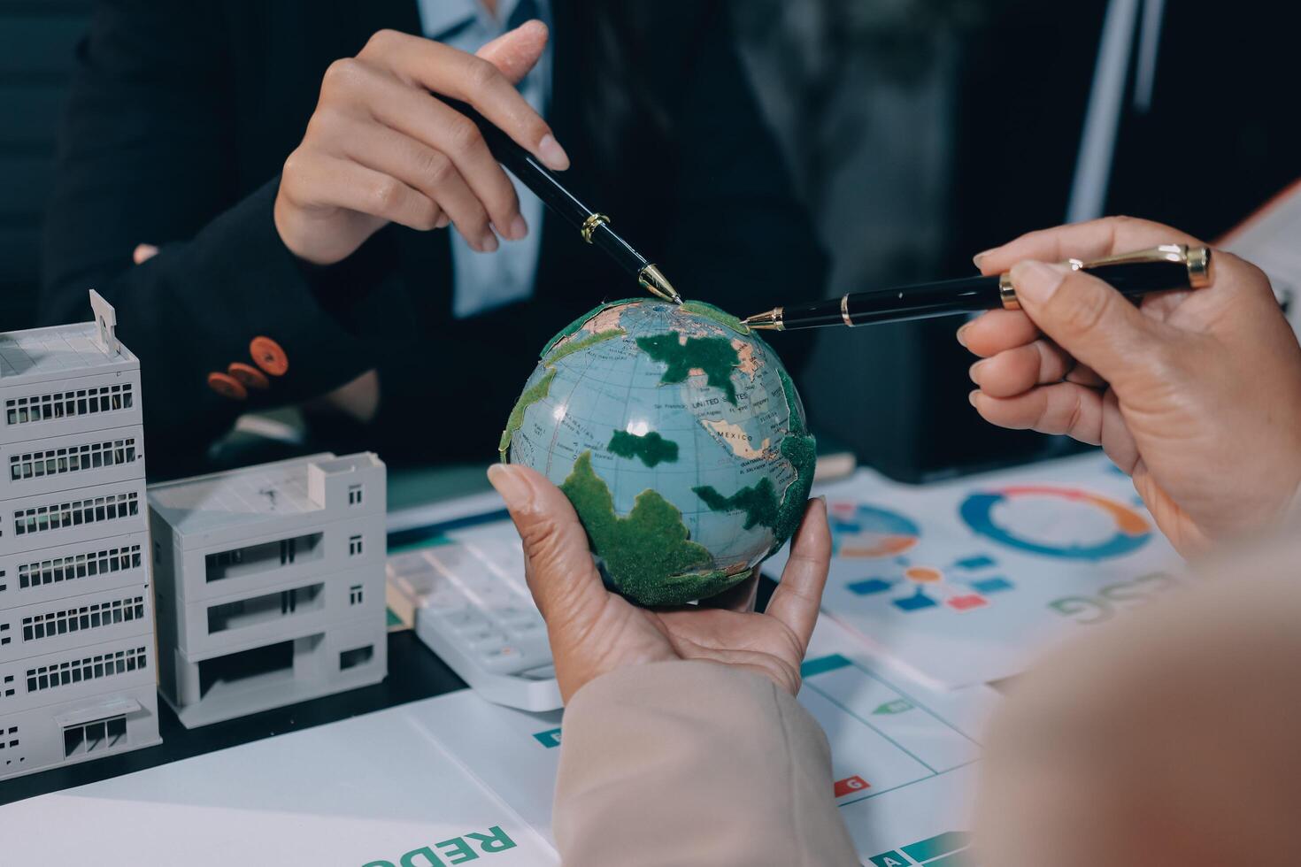 Carbon offset price report CO2 emission. Future growth Net zero waste in ESG ethical SME office protect climate change global warming social issues project. Group of asia people Eco friendly SDGs plan photo
