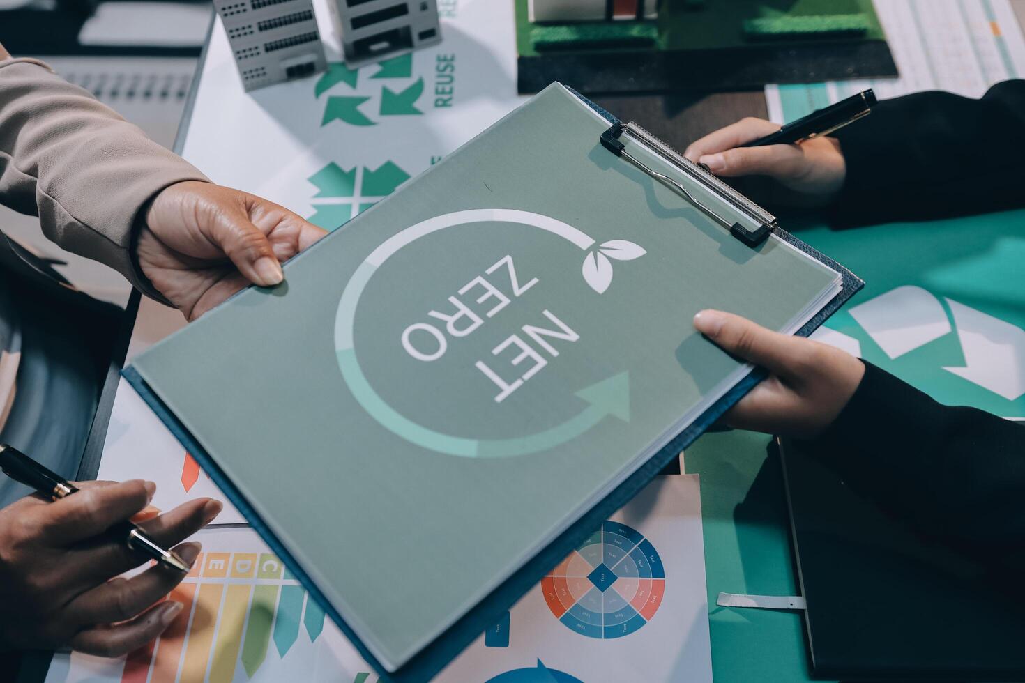 Carbon offset price report CO2 emission. Future growth Net zero waste in ESG ethical SME office protect climate change global warming social issues project. Group of asia people Eco friendly SDGs plan photo