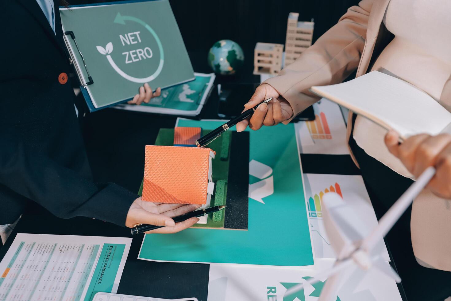 Carbon offset price report CO2 emission. Future growth Net zero waste in ESG ethical SME office protect climate change global warming social issues project. Group of asia people Eco friendly SDGs plan photo