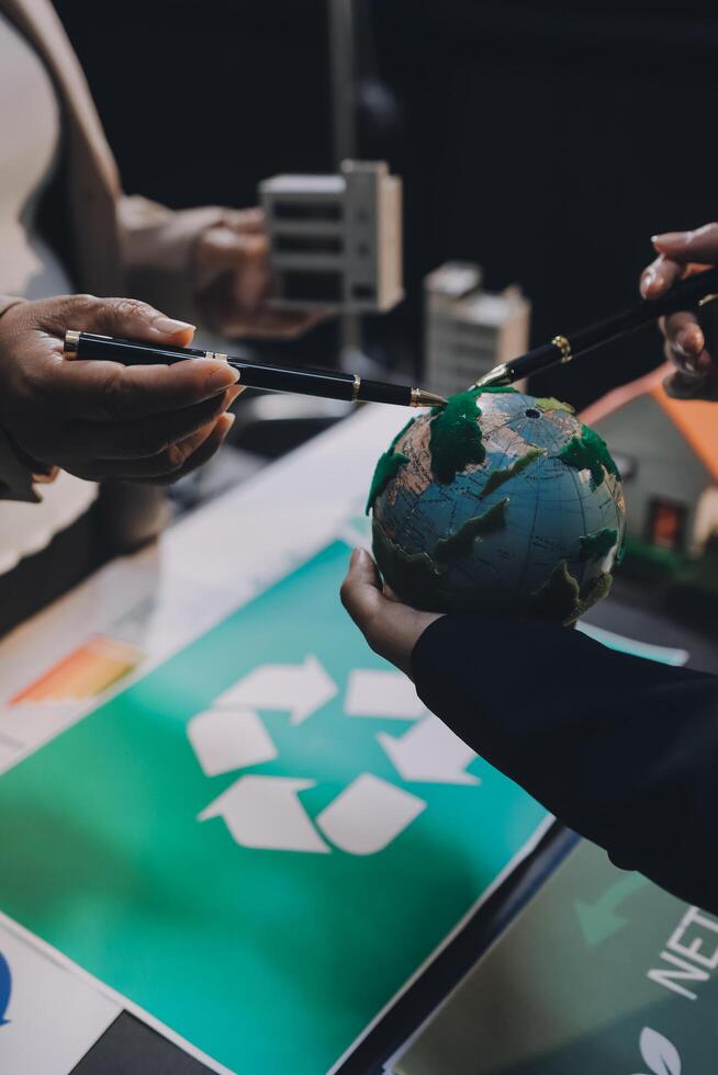Carbon offset price report CO2 emission. Future growth Net zero waste in ESG ethical SME office protect climate change global warming social issues project. Group of asia people Eco friendly SDGs plan photo