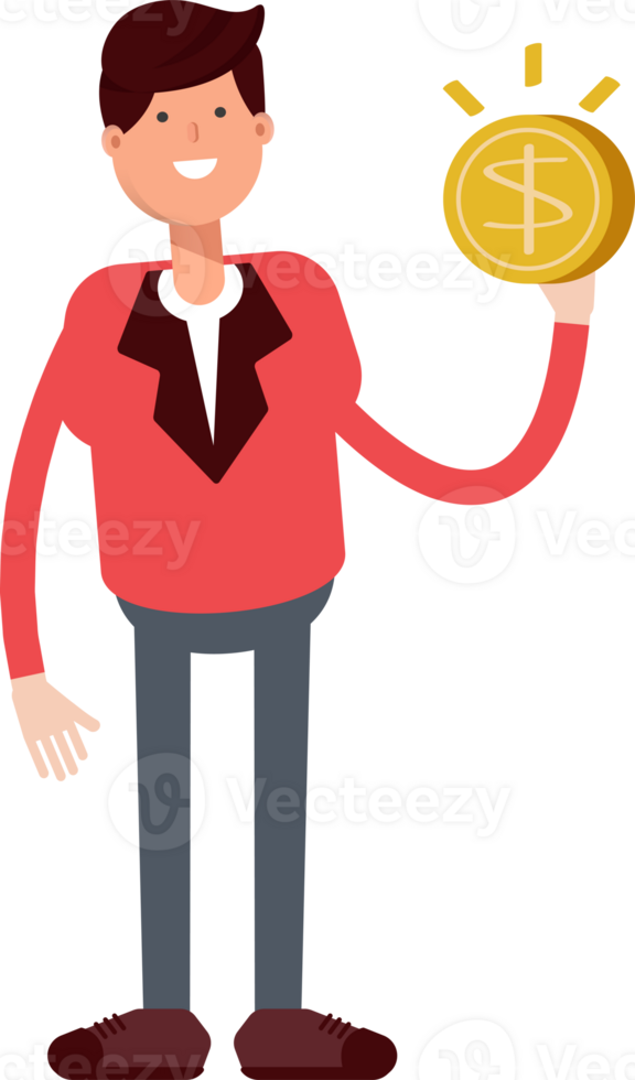 Businessman in Red Suit Character Holding Dollar Coin png