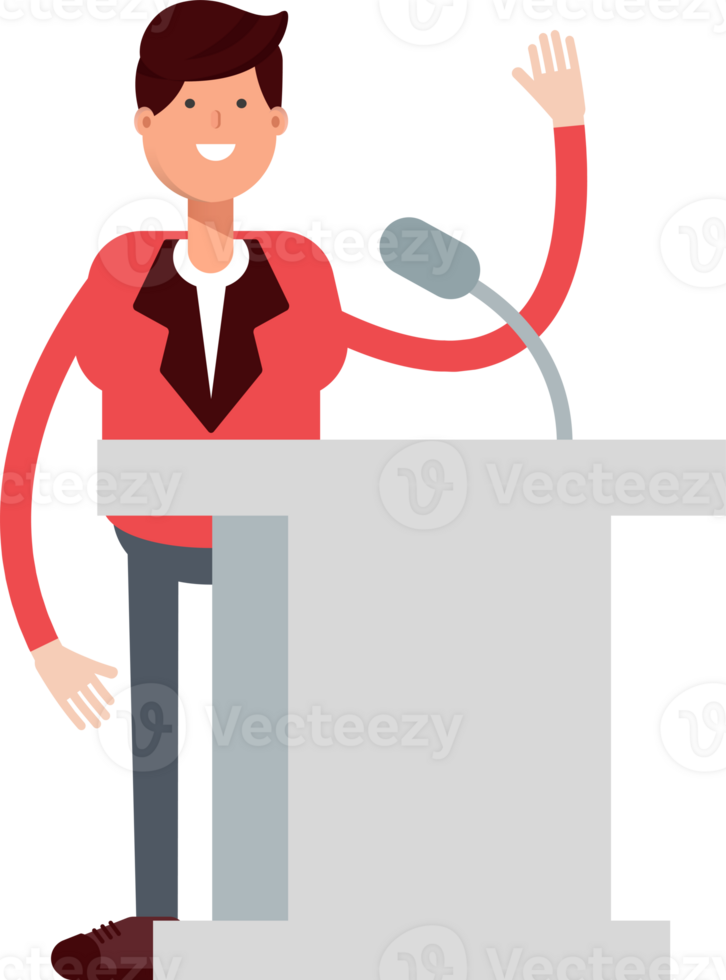 Businessman in Red Suit Character Speaking on Podium png