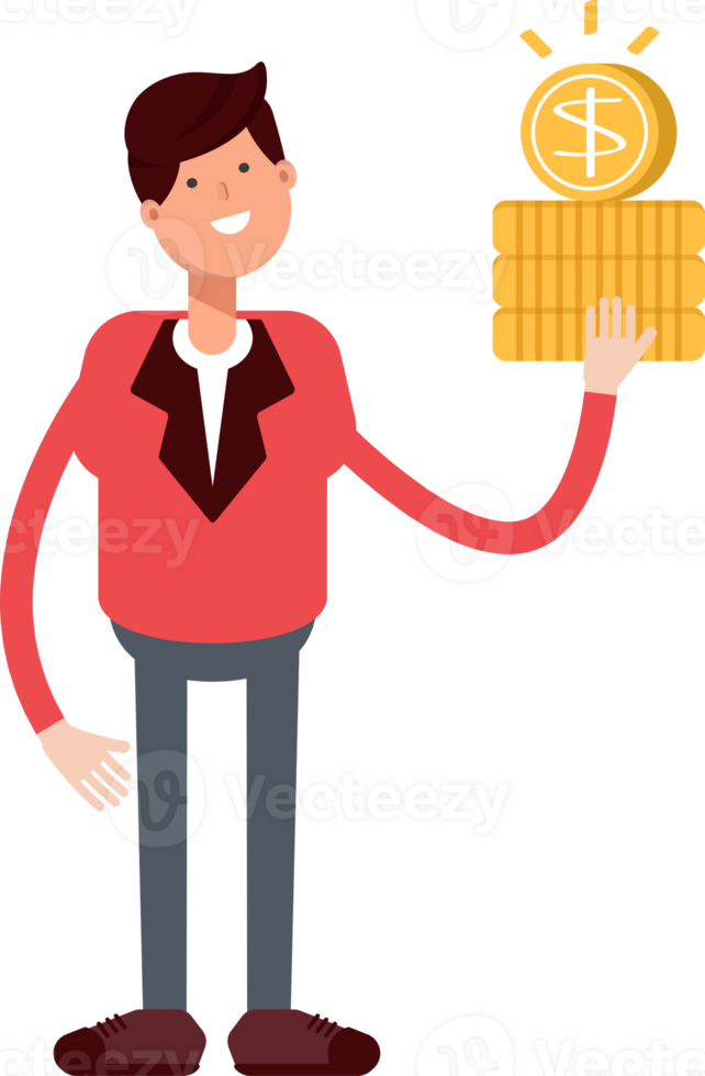 Businessman in Red Suit Character Holding Dollar Coins png