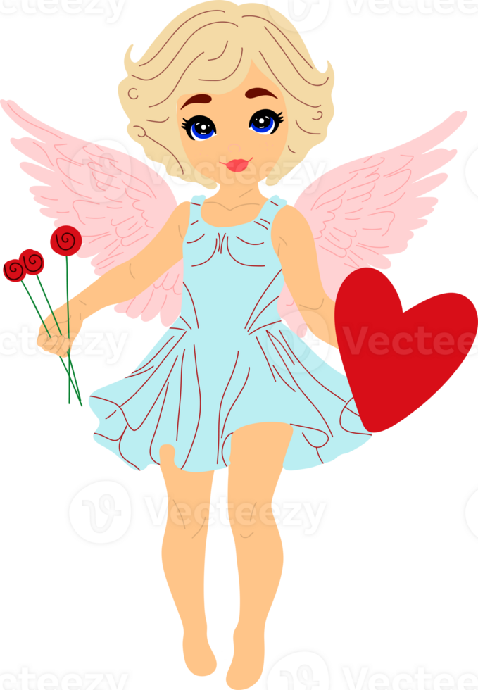 Whimsical Cupid Character Holding Flowers and Heart png