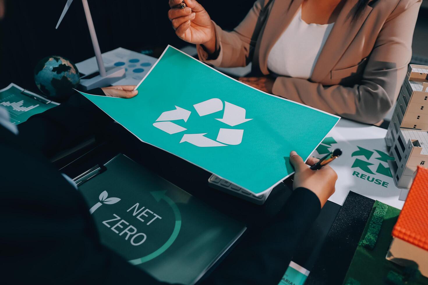 Carbon offset price report CO2 emission. Future growth Net zero waste in ESG ethical SME office protect climate change global warming social issues project. Group of asia people Eco friendly SDGs plan photo
