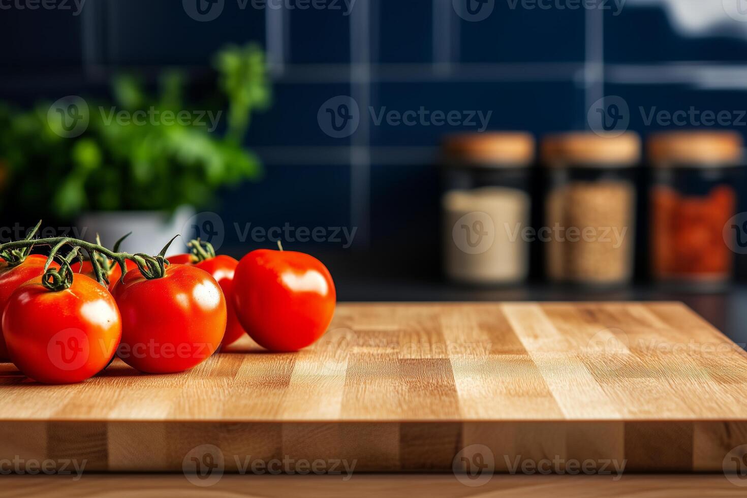 Fresh red tomatoes on wooden cutting board with kitchen spices in background photo