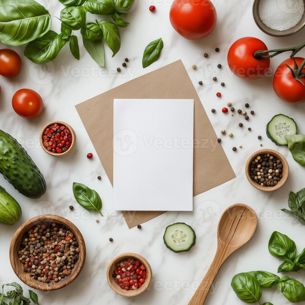 Fresh ingredients with blank card on marble surface tomatoes, cucumber, basil, and spices photo