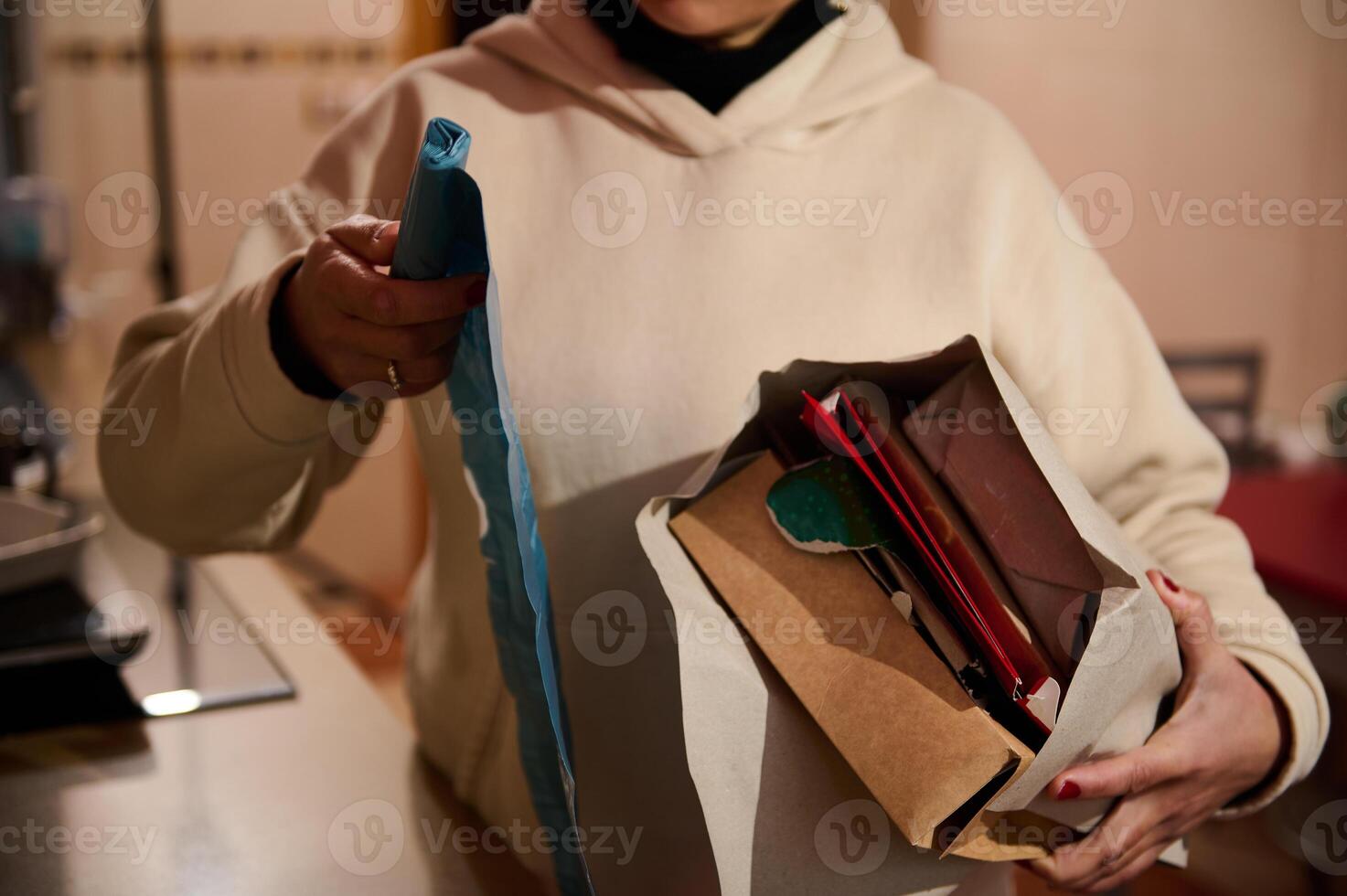 Closeup of a person organizing materials with deliberate attention and precision photo