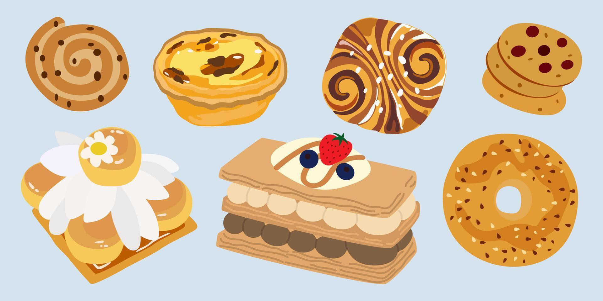 French pastries for bakery menu design. Bakery cute food set. Retro stickers for bakery and coffee shops. Sweet baked desserts from wheat flour vector