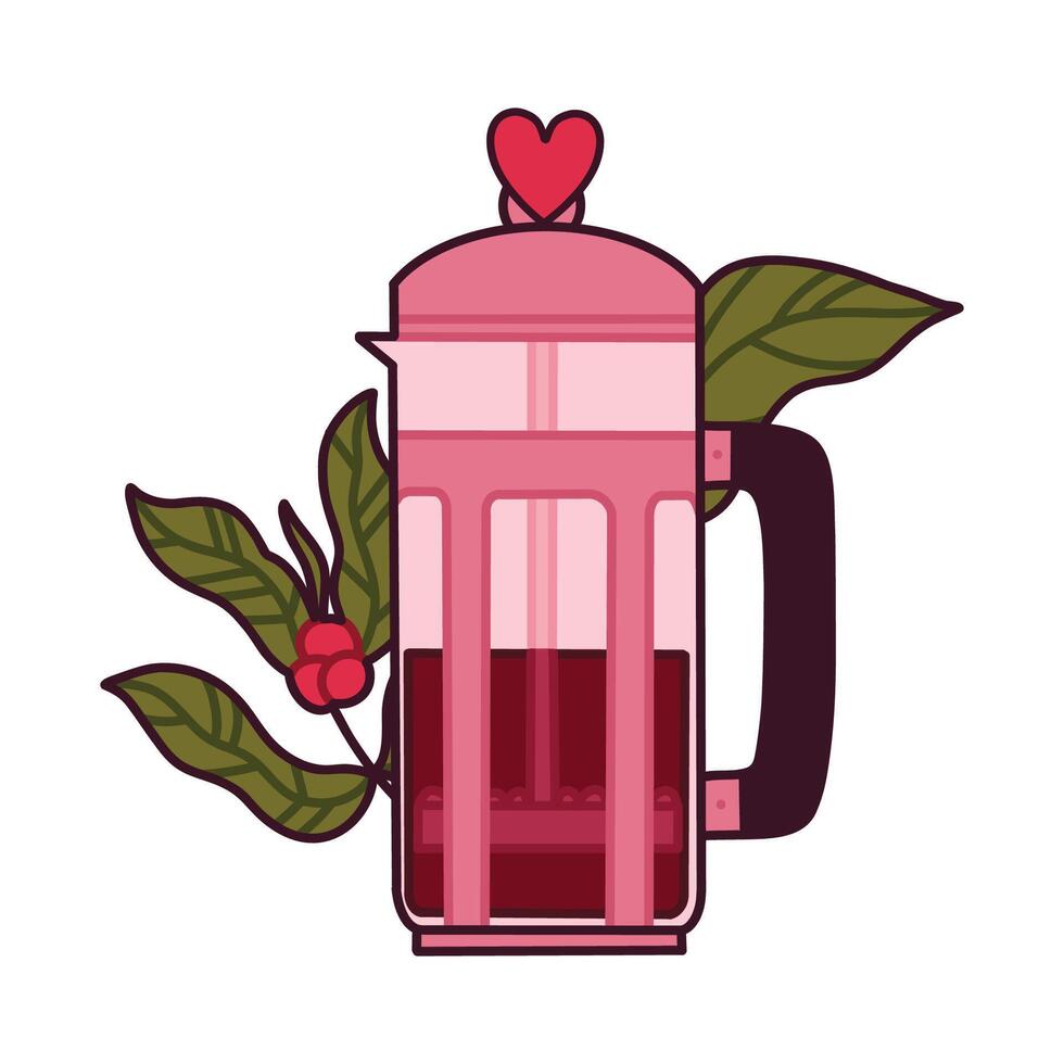 French Press With Heart Design Surrounded by Coffee Leaves and Berries vector