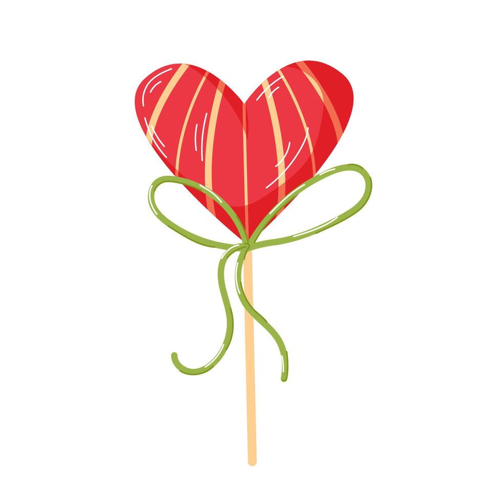 Heart shaped Lollipop candy in cartoon style. Romantic love sweet symbol for Valentine Day, Christmas greeting card, invitation, bakery. vector