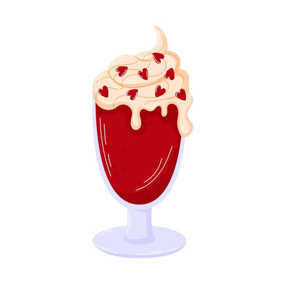 Drink with dessert in a glass with creamy topping and red heart in cartoon style. Perfect for Valentine Day, celebration, romance and festive food illustration. Isolated on white background. vector