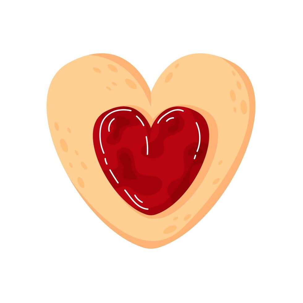 Heart shaped cookie with strawberry jam in cartoon style. Sweet love symbol of linzer cookie for Happy Valentine Day holiday. Icon for bakery isolated on white background. vector