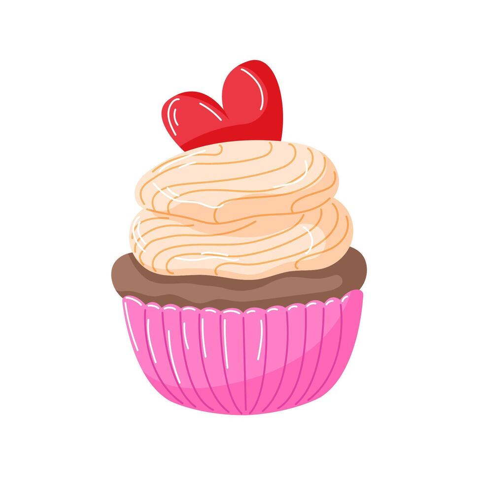 Cute cupcake with creamy frosting in a pink wrapper topped with a red heart in cartoon style. Ideal for Valentine Day, bakery, dessert and celebration themed design. vector