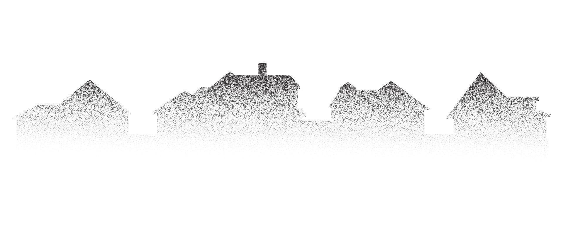 Neighborhood houses stipple panoramic landscape. Buildings drawing silhouette with dotted gradient. Minimalistic illustration. vector