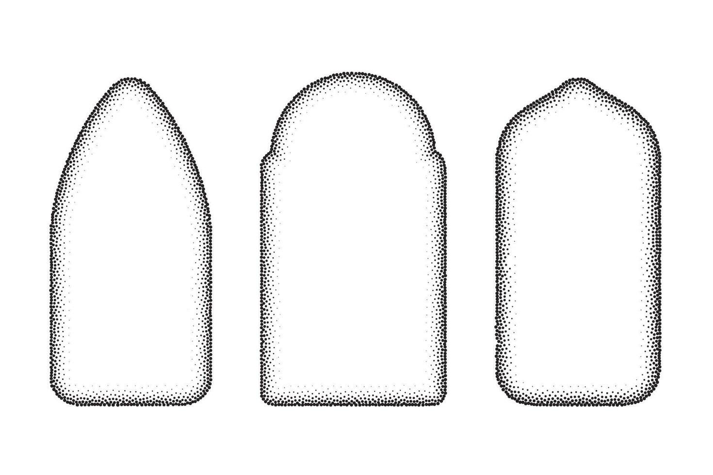 Gothic church window frames. Arches stippled shapes. Silhouettes of simple medieval doors on white background. vector