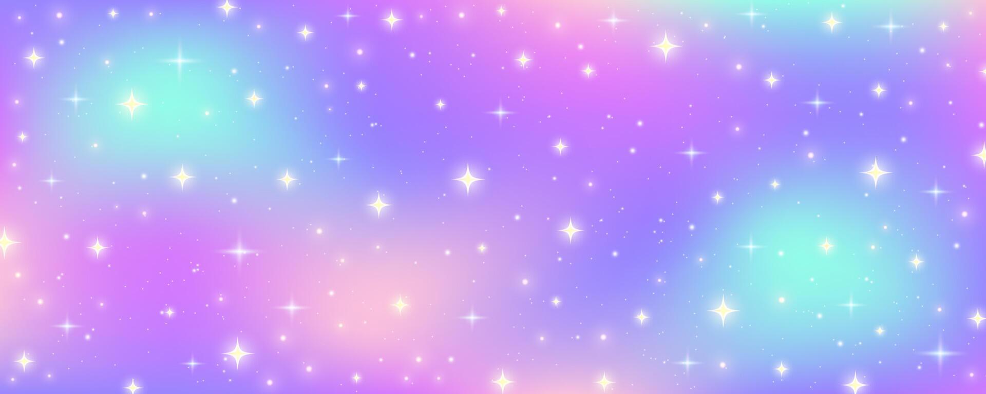 Rainbow pastel background. Unicorn sky with glittering sky. Candy galaxy with watercolor light texture. Girly cute magic wallpaper. Holographic abstract illustration. vector