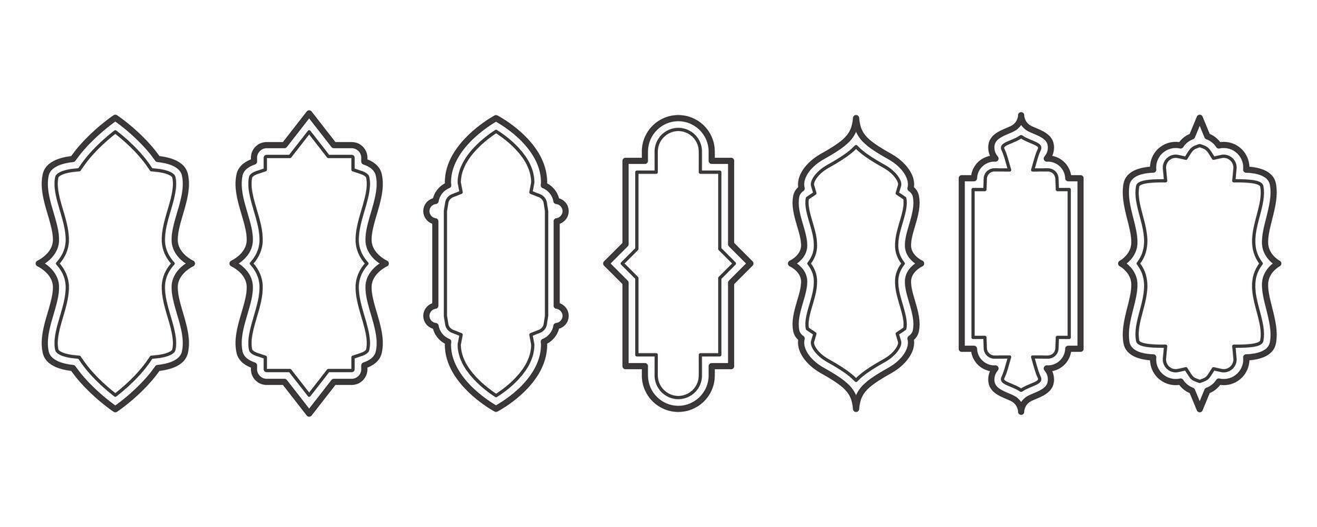 Ramadan frame shapes. Window Arabic arc outline elements. Door design with Turkish ornament. Muslim oriental sticker template. Traditional decoration set for banner and badge. vector