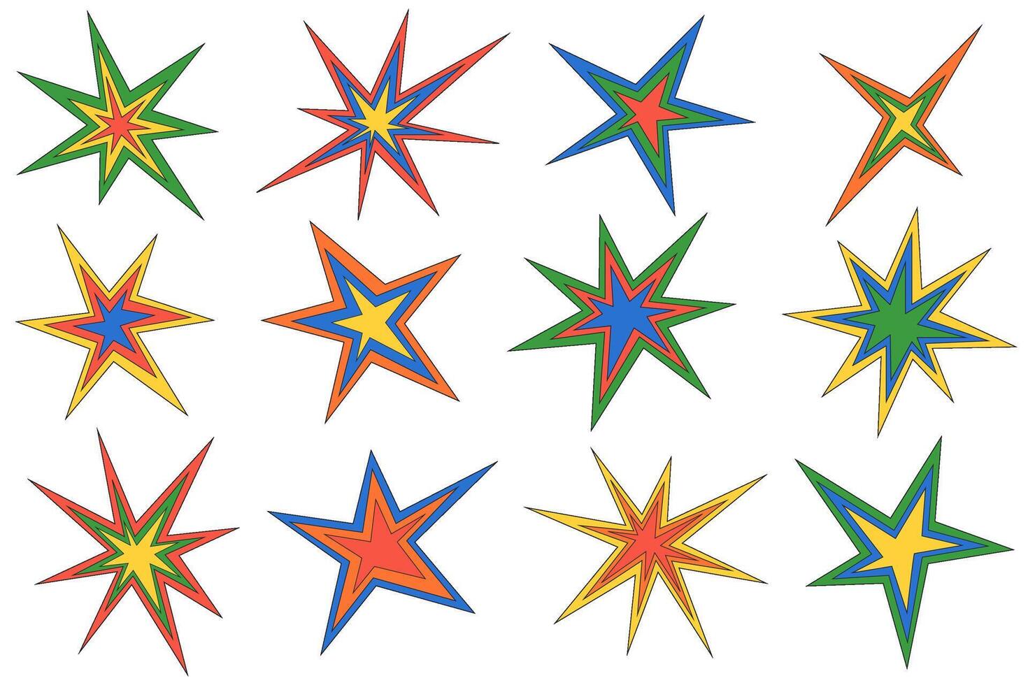 Star shapes icons. Abstract shiny irregular sparkles. Sharp burst graphic elements. Random Starlight twinkles figures. Geometric minimal cosmic symbols of explosion. vector