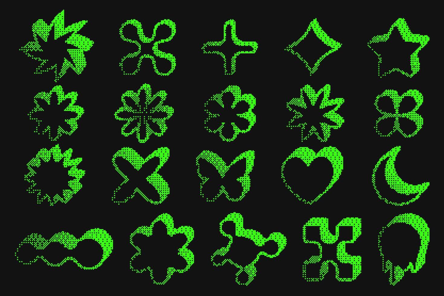 Bitmap pattern shapes. Heart star and flowers halftone gradient elements on dark background. Y2k graphic abstract icons. Dither noisy star with grunge texture. vector