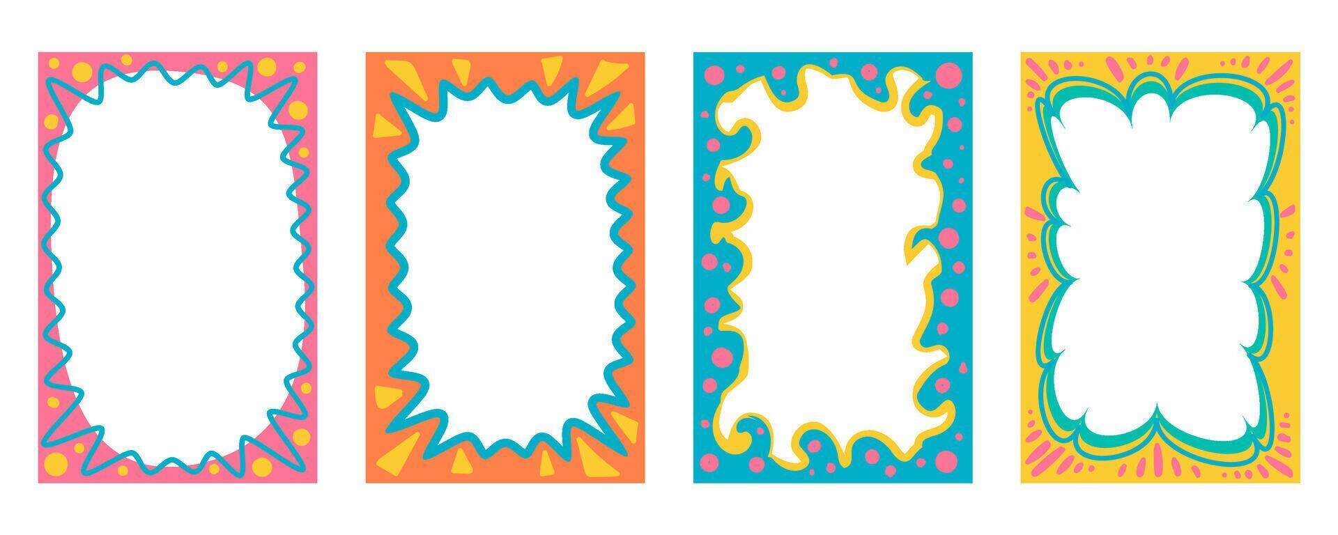 Wavy scallop border shapes. Rectangle fun psychedelic hand drawn frame. Doodle cute design for text photo and picture. Groovy child template. Y2K decorative blank. vector