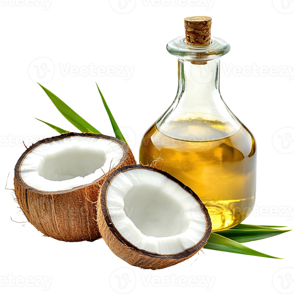 Coconut Oil with Halved Coconuts and Leaves png