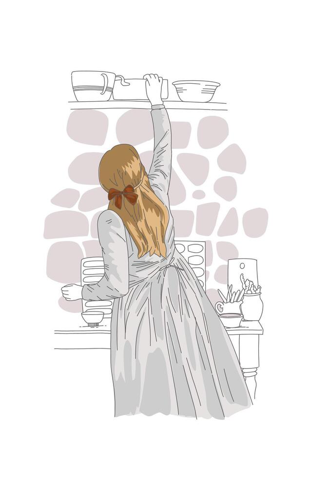 Red-haired girl in a vintage dress taking a pot from the shelf and cooking in a classic kitchen vector