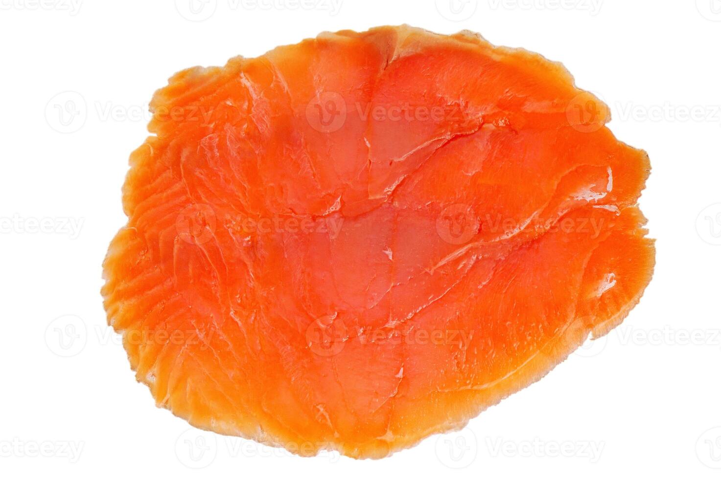 Thin slice of low-salt salmon fillet isolated on white. Red fish, food. photo
