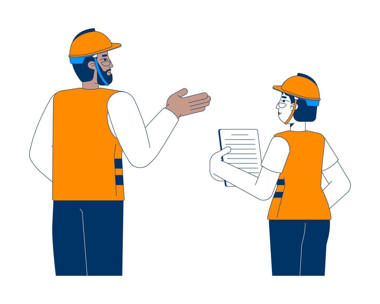 Diverse construction workers discussing project 2D cartoon characters. Woman supervisor holding clipboard. Contractors in safety gear isolated people flat on white. Spot illustration colorful vector