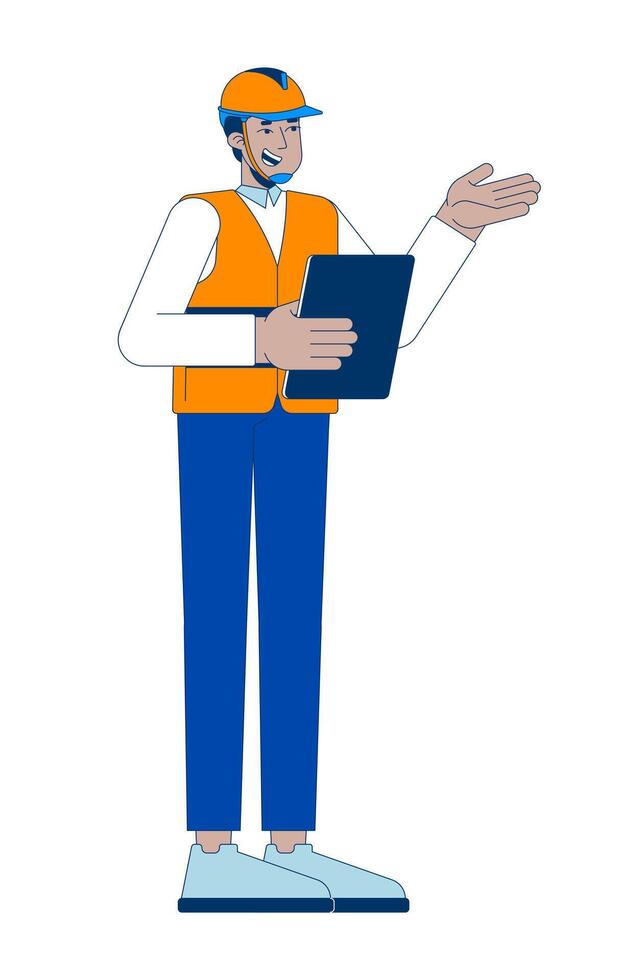 Hardhat indian supervisor giving instructions with tablet 2D cartoon character. Safety vest inspector industrial planning isolated person flat on white background. Spot illustration colorful vector