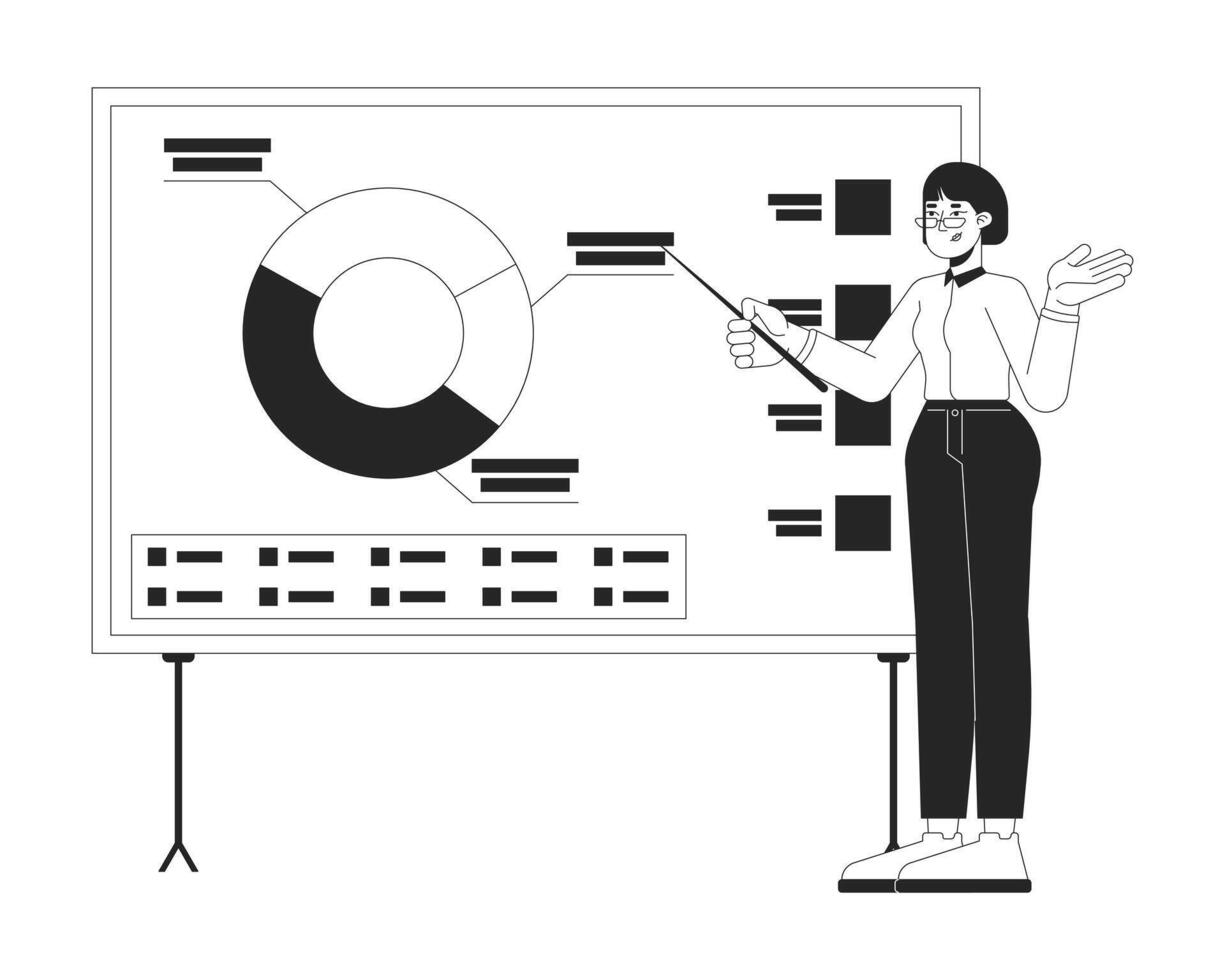 Asian woman manager pointing on pie chart presentation board black and white 2D line character. Female analyst piechart whiteboard isolated outline person. Monochromatic spot illustration vector