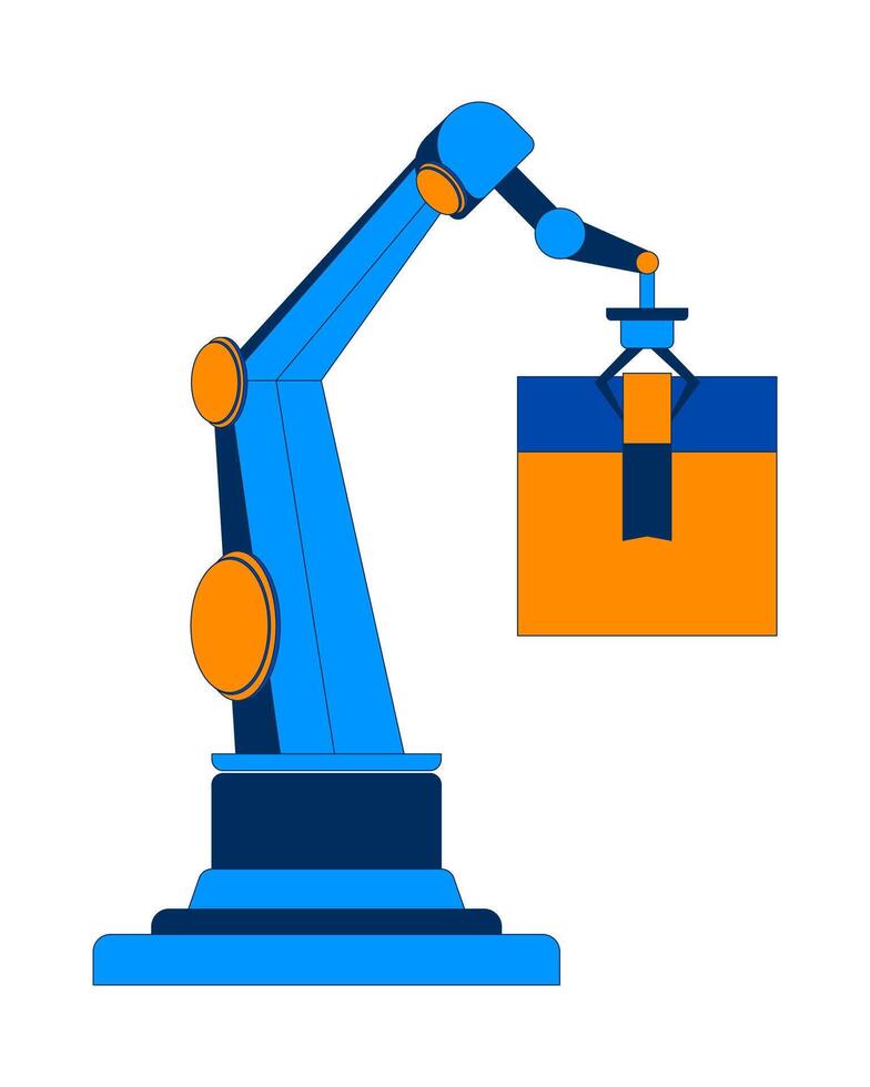 Robotic arm handling package 2D cartoon object. Factory automation in logistics, manufacturing. Box packaging machine isolated element flat clipart on white background. Spot illustration vector