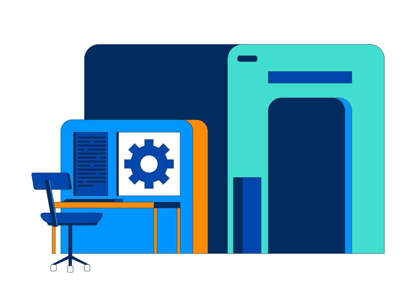 Industrial workstation with digital interface and machinery 2D cartoon object. Technical operations. Production technology isolated element flat clipart on white background. Spot illustration vector
