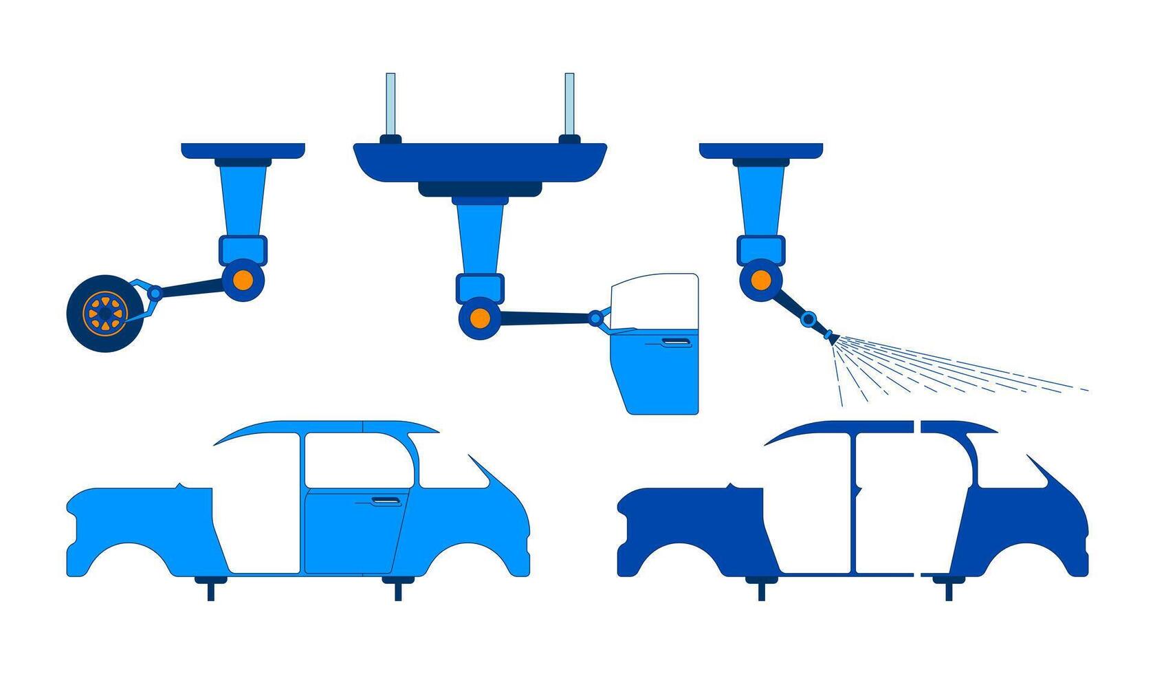 Automotive parts manufacturing 2D cartoon objects set. Car production. Vehicle assembly robotic arms isolated elements flat cliparts on white background. Spot illustrations collection vector