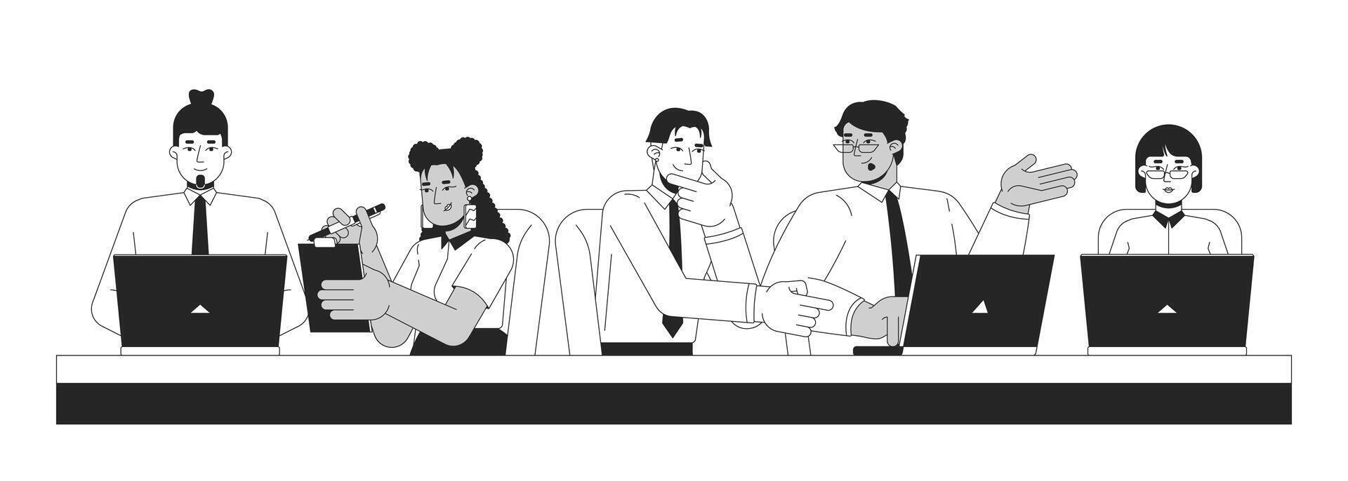 Row of diverse employees brainstorming together at desk black and white 2D line characters. Office workers laptops. Team coworkers isolated outline people. Monochromatic spot illustration vector