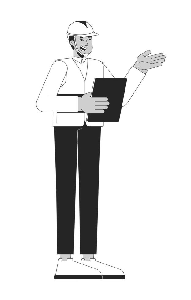 Hardhat indian supervisor giving instructions with tablet black and white 2D line character. Safety vest inspector industrial planning isolated outline person. Monochromatic spot illustration vector