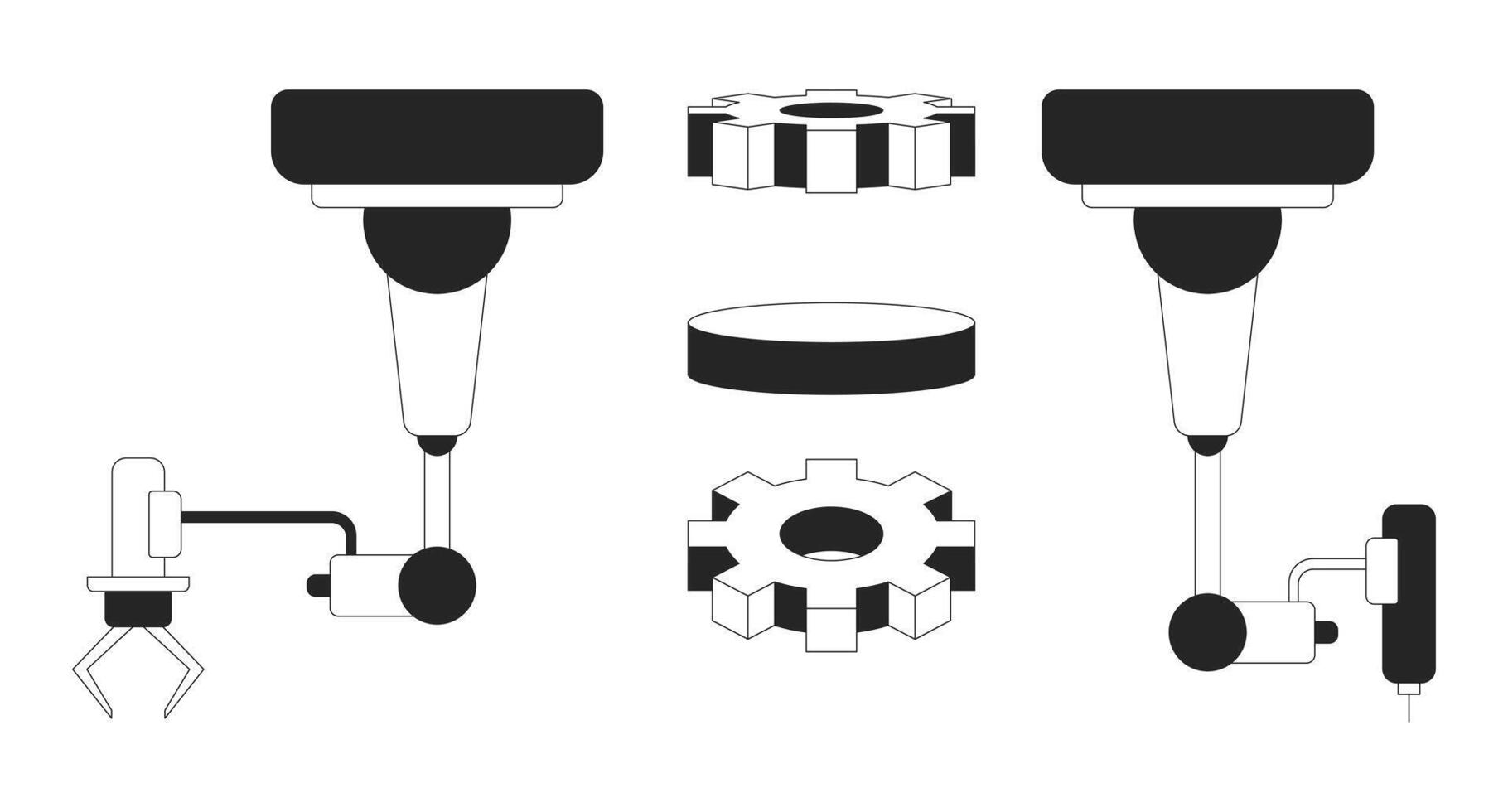 Robotic arms and gears black and white 2D line objects set. Manufacturing industrial parts, automation systems, cogs isolated clip arts outline items collection. Monochrome spot illustrations vector