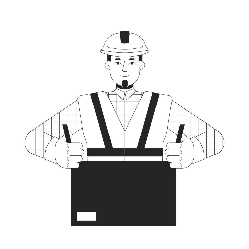Factory worker packing cardboard box black and white 2D line character. Hardhat packer with gloves and safety gear sealing parcel isolated outline person. Monochromatic spot illustration vector
