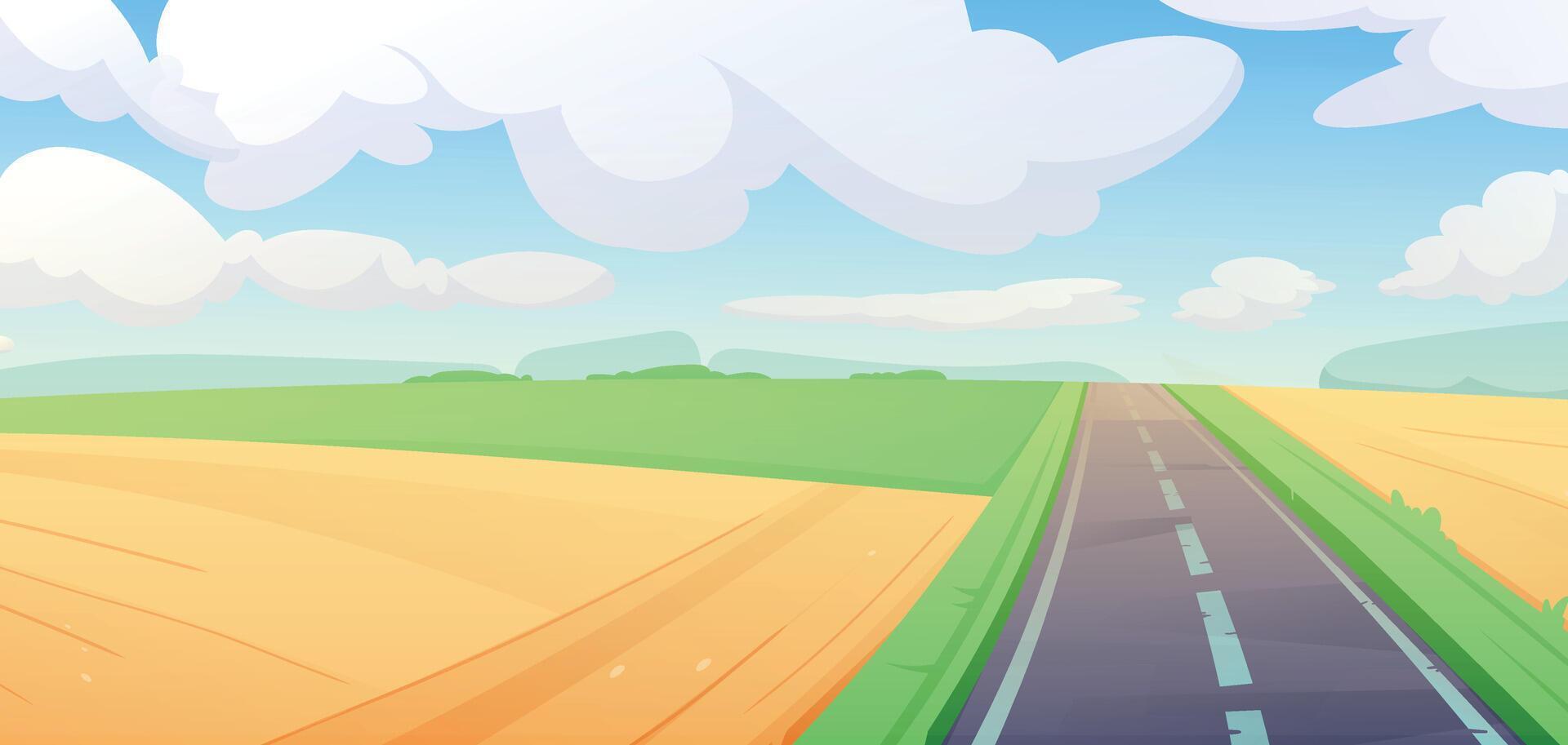A scenic cartoon illustration. Game children background with countryside road surrounded by vibrant green fields and golden wheat under bright blue sky with fluffy clouds. vector