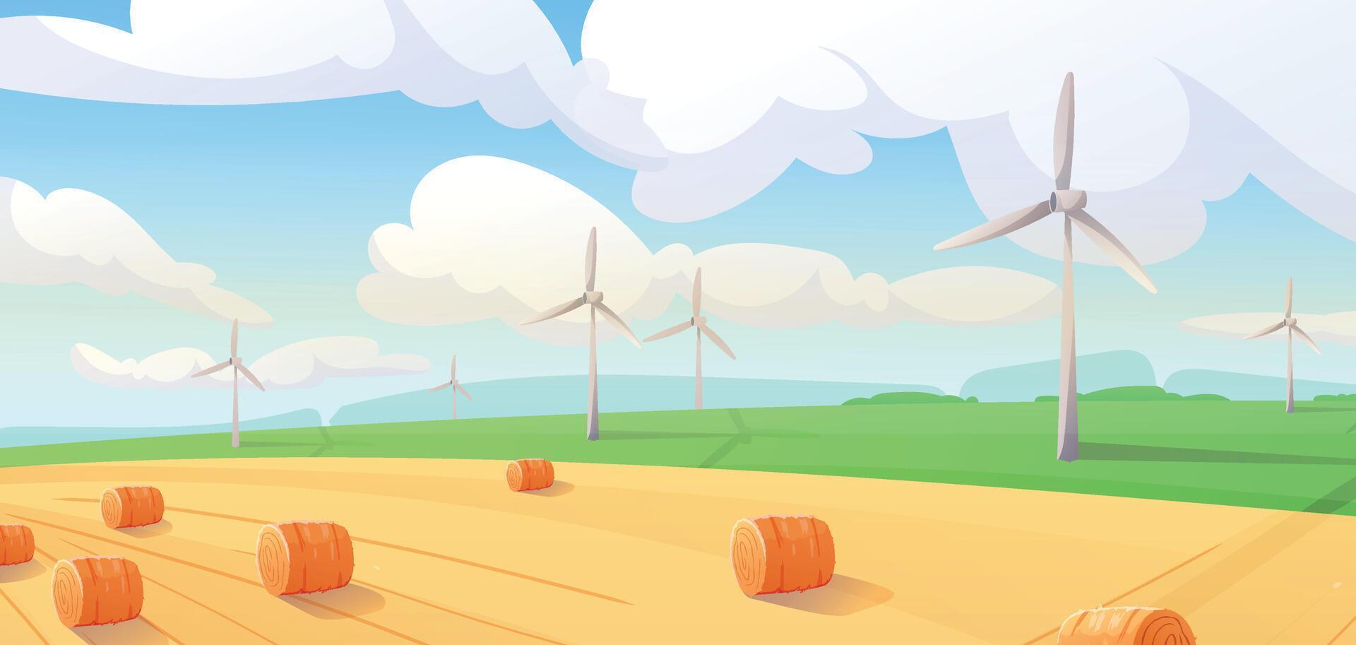 Cartoon countryside illustration, background with golden wheat fields, hay bales, wind turbines under blue sky with clouds. Eco-friendly, agricultural renewable energy projects. vector