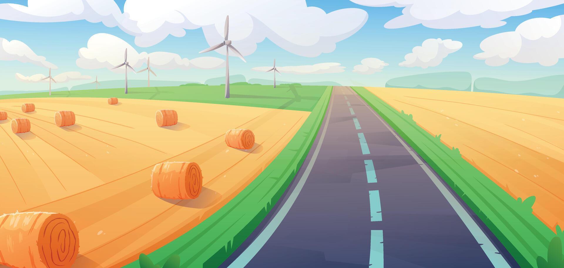 Ccartoon countryside illustration, background with paved road, golden wheat fields with hay bales, wind turbines under blue sky with clouds. Eco-friendly, agricultural renewable energy projects. vector
