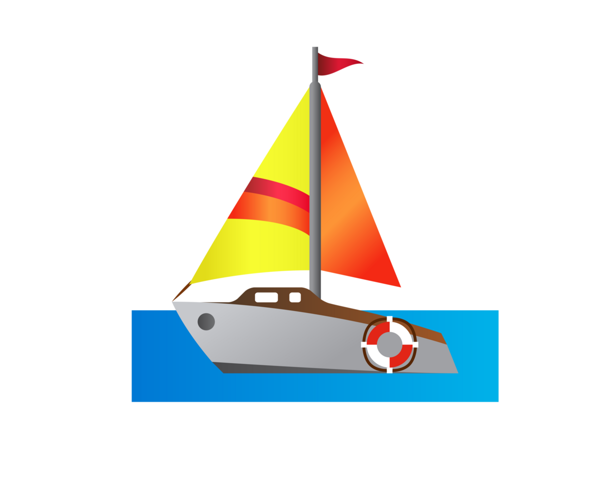 Side of brown wood sailboat icon with yellow, orange and red sails png