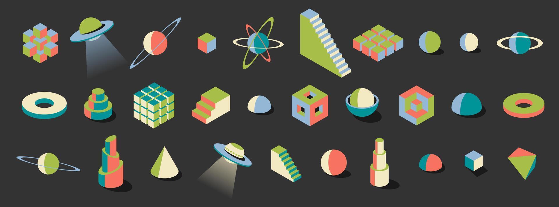 Neo brutalist vibrant abstract 3D forms with retro aesthetic. Includes cubes, planets and UFO shapes. Perfect for creating modern posters, trendy wall art or colorful design templates vector