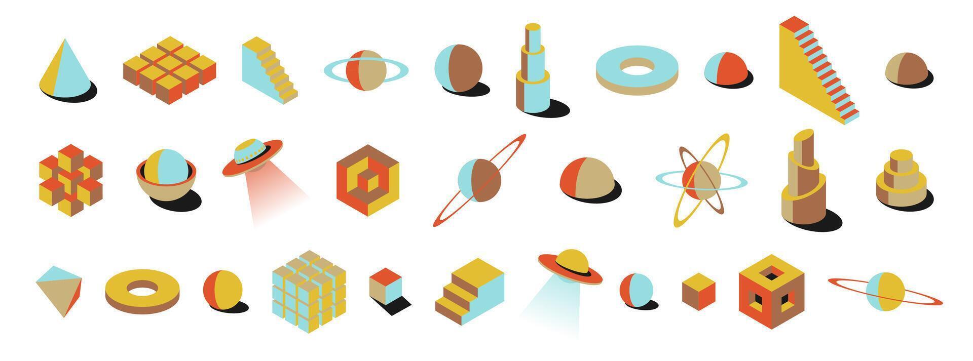 Collection of 3D abstract shapes with bright colors. Retro style spheres, cubes, UFOs and planets in brutalist aesthetic. Ideal for posters, cards and bold creative wall art or templates vector