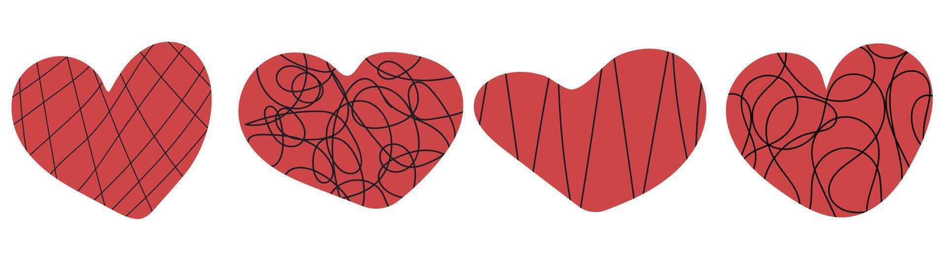 Collection of hand drawn red hearts with curvy line textures. Valentine's day creative elements. icons for romantic design. Symbol of love. vector