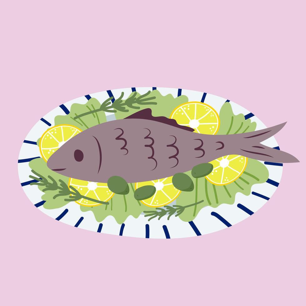 Hand drawn flat food illustration, fish on a plate with lettuce leaves, lemon slices and olives, traditional Greek cuisine. vector