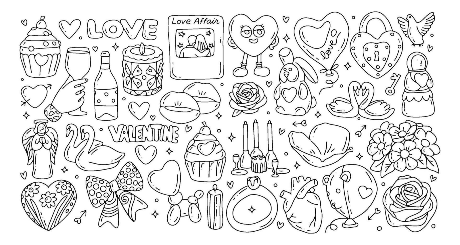 Sketchy thin lined hand drawn doodles cartoon big set of Love and Valentine s Day objects and symbols romantic illustration vector