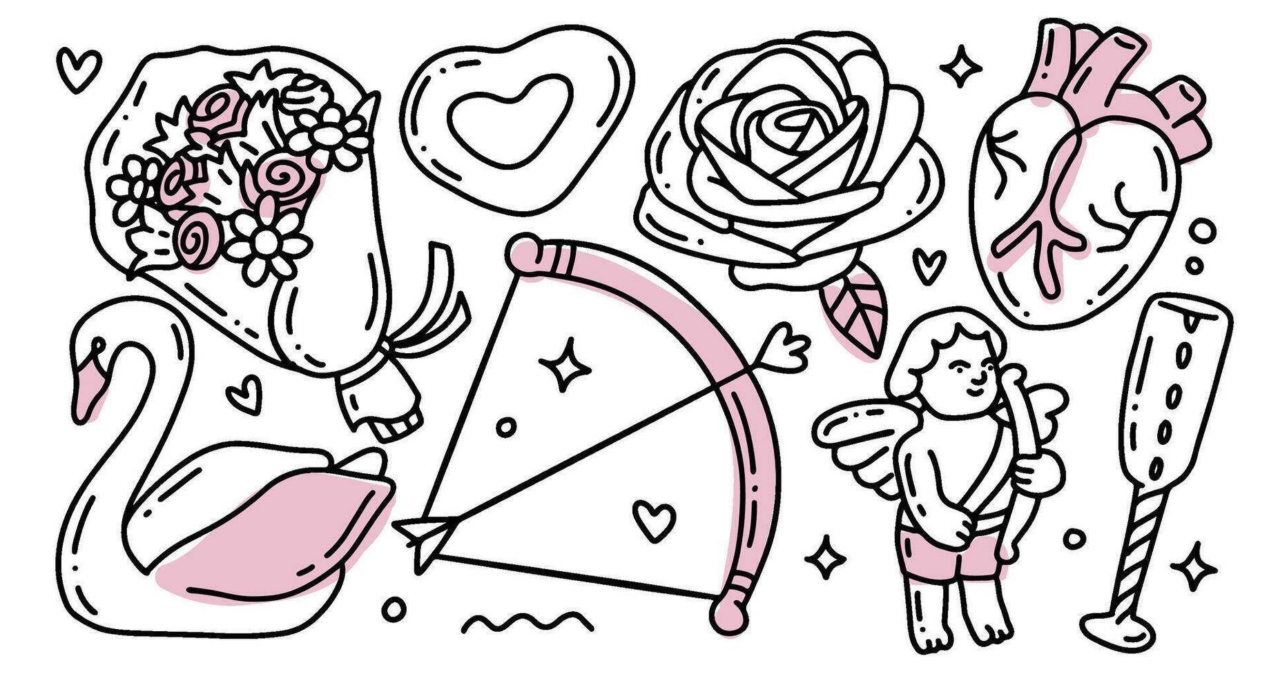 Love theme simple doodle elements set for cute romantic design. Wedding elements, hearts icons. Valentines day. Love clipart, bow and arrow, cupid, swan, rose, human heart. Linear hand drawn vector