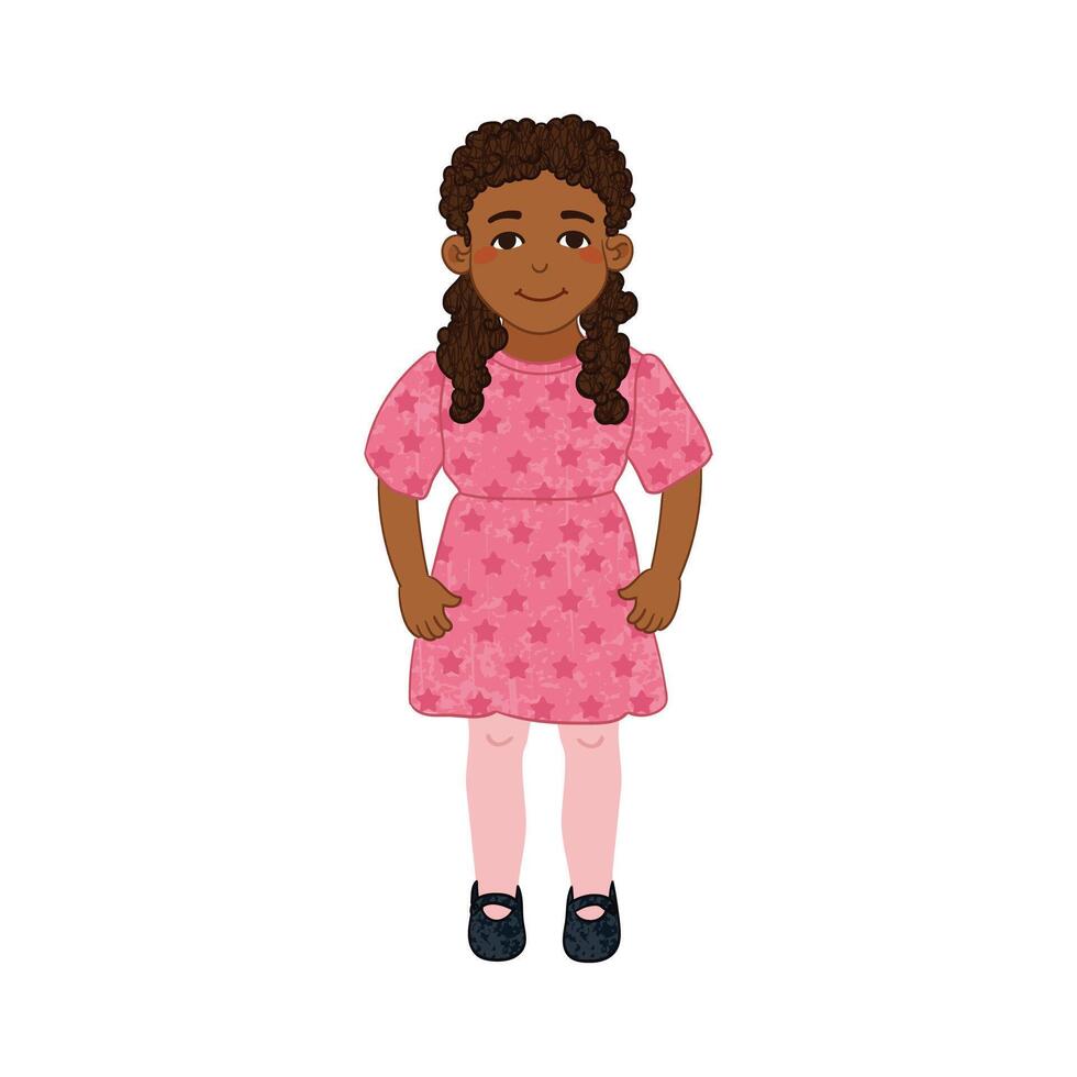Colorful Illustration of Little Girl in the Pink Dress Isolated on White Background vector