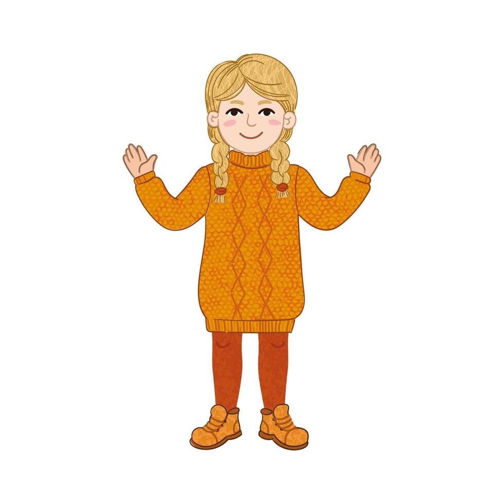 Colorful Illustration of Little Girl in the Knitted Dress Isolated on White Background vector